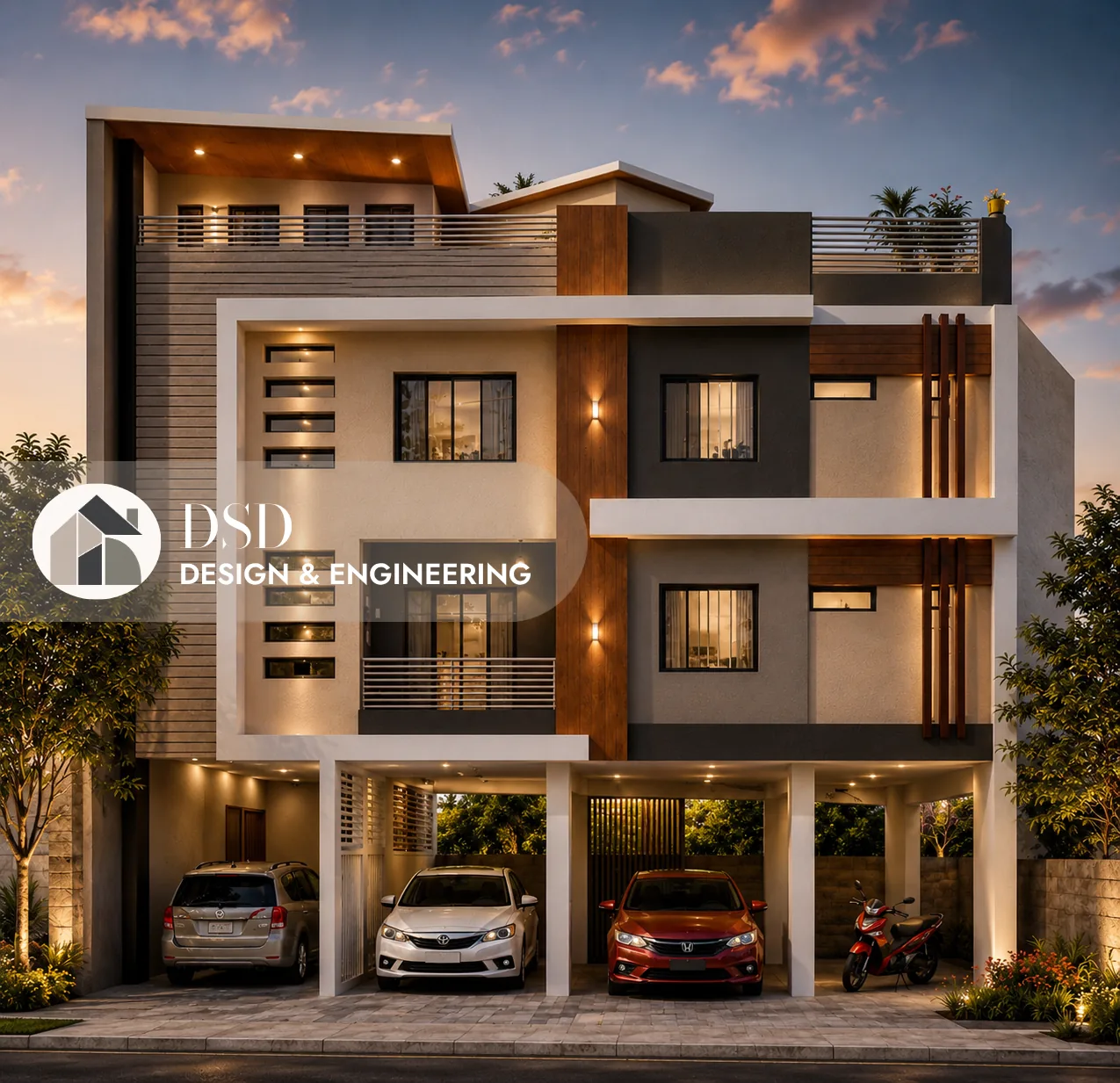 Three-storey residence with rooftop deck and ground-floor carport