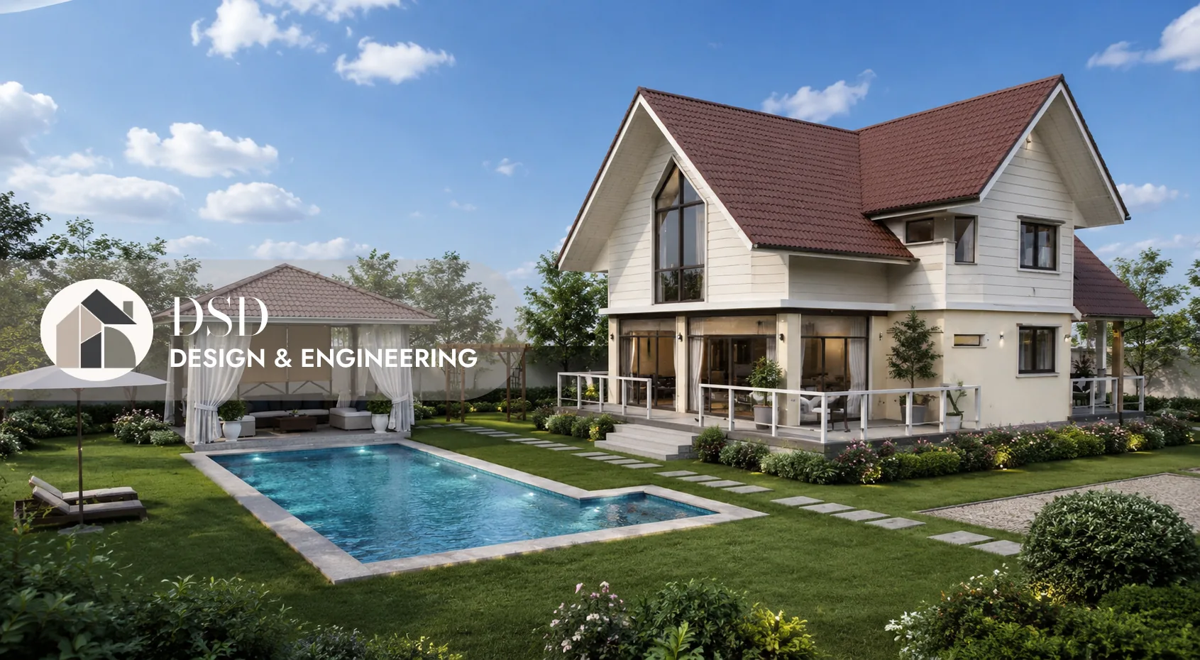 Togame resthouse with red gable roof, pool and garden