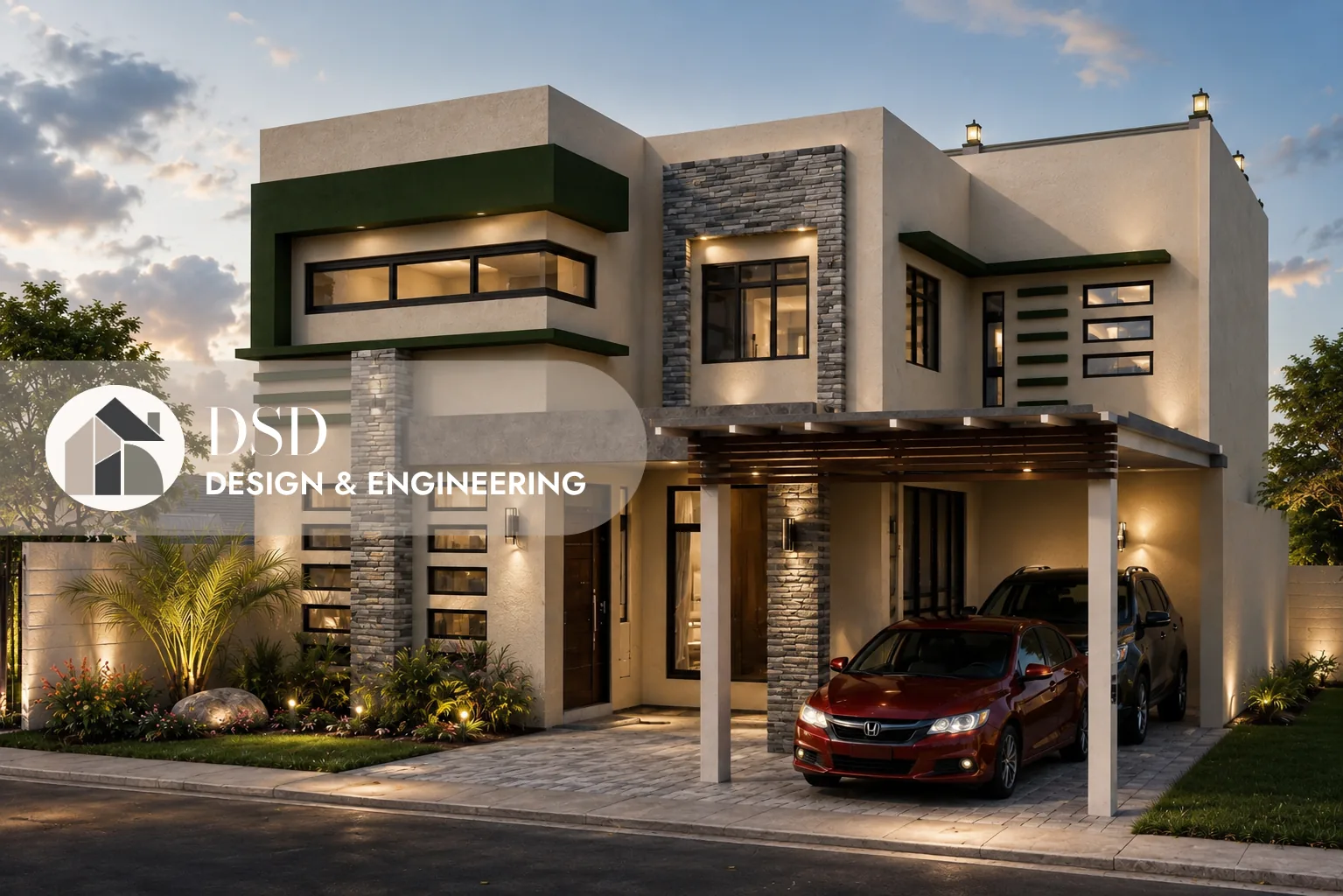 Modern two-storey residence with stone accents and covered carport at dusk