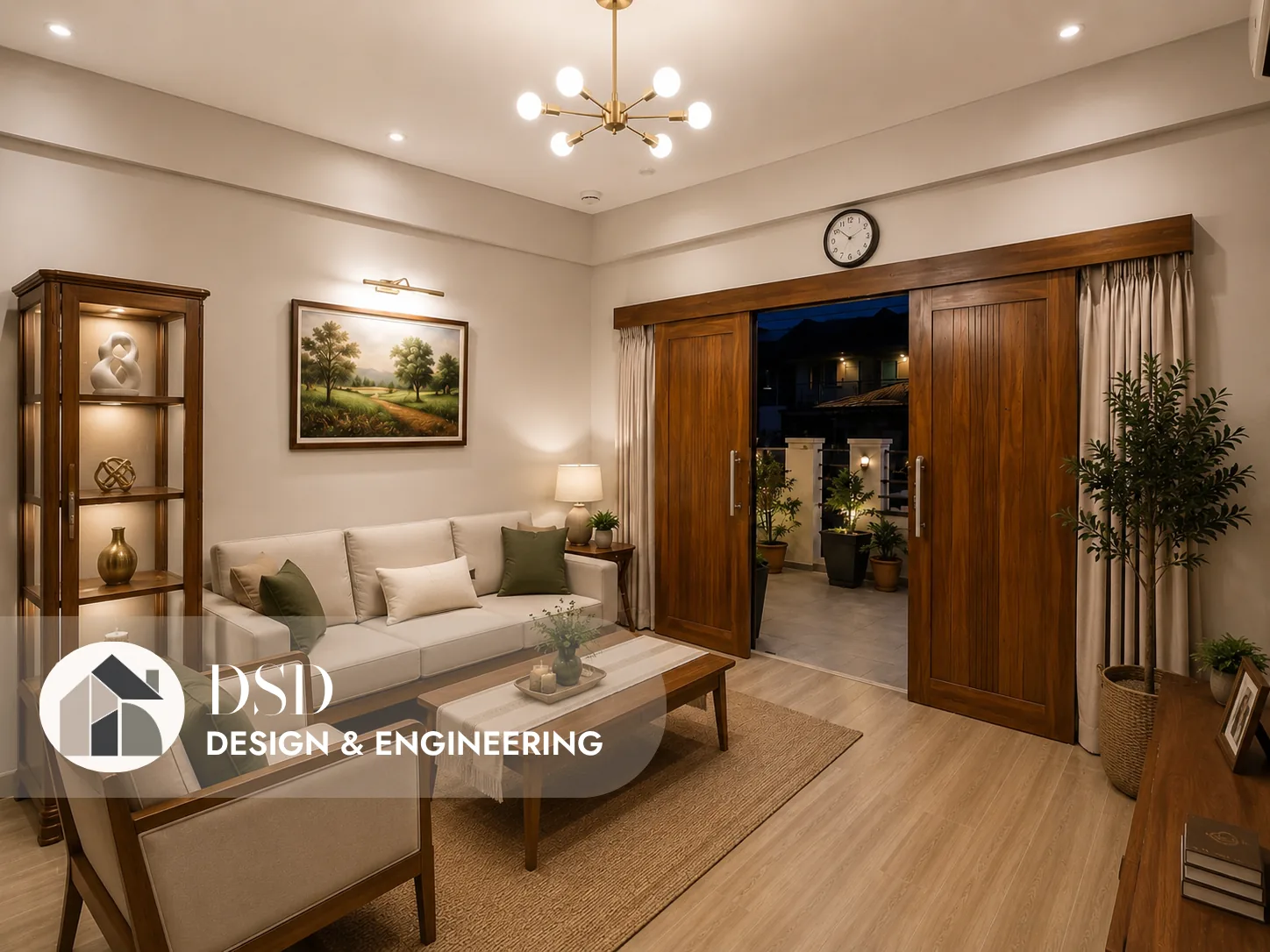 Cozy family living room with display cabinet and sliding doors to a balcony