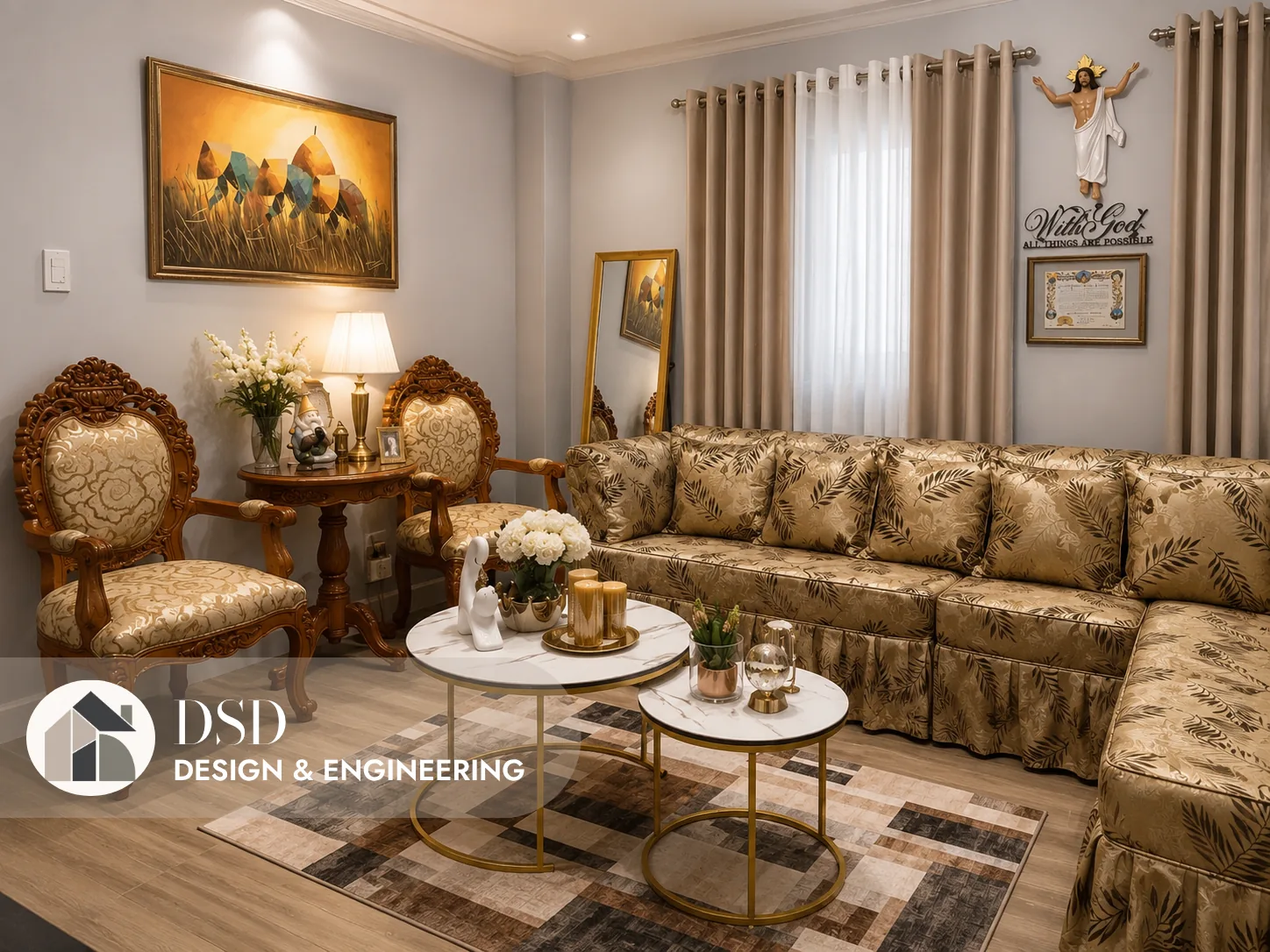 Classic formal living room with carved wood armchairs and gold sofa