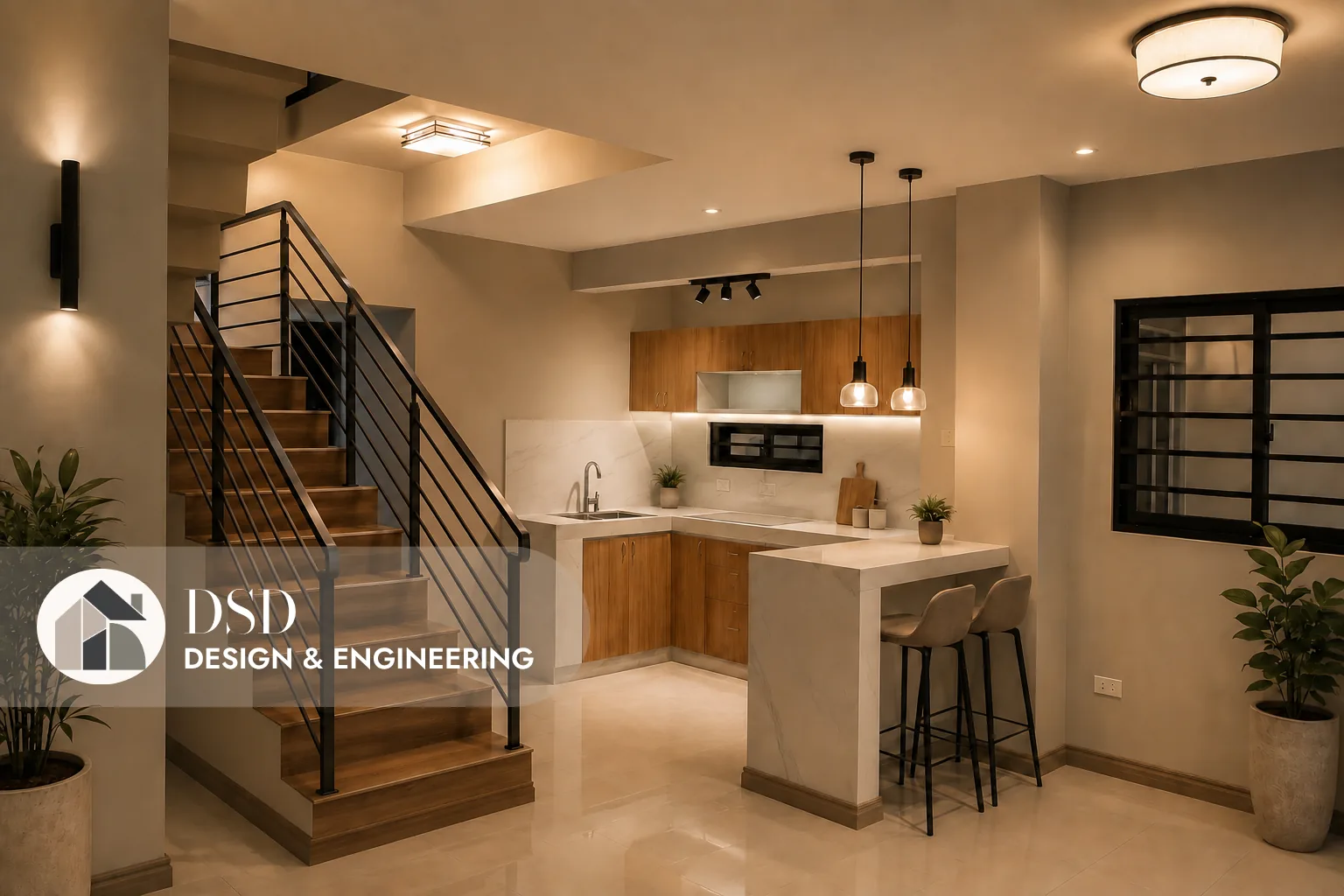 Compact kitchen with breakfast bar beside a timber-and-steel loft staircase
