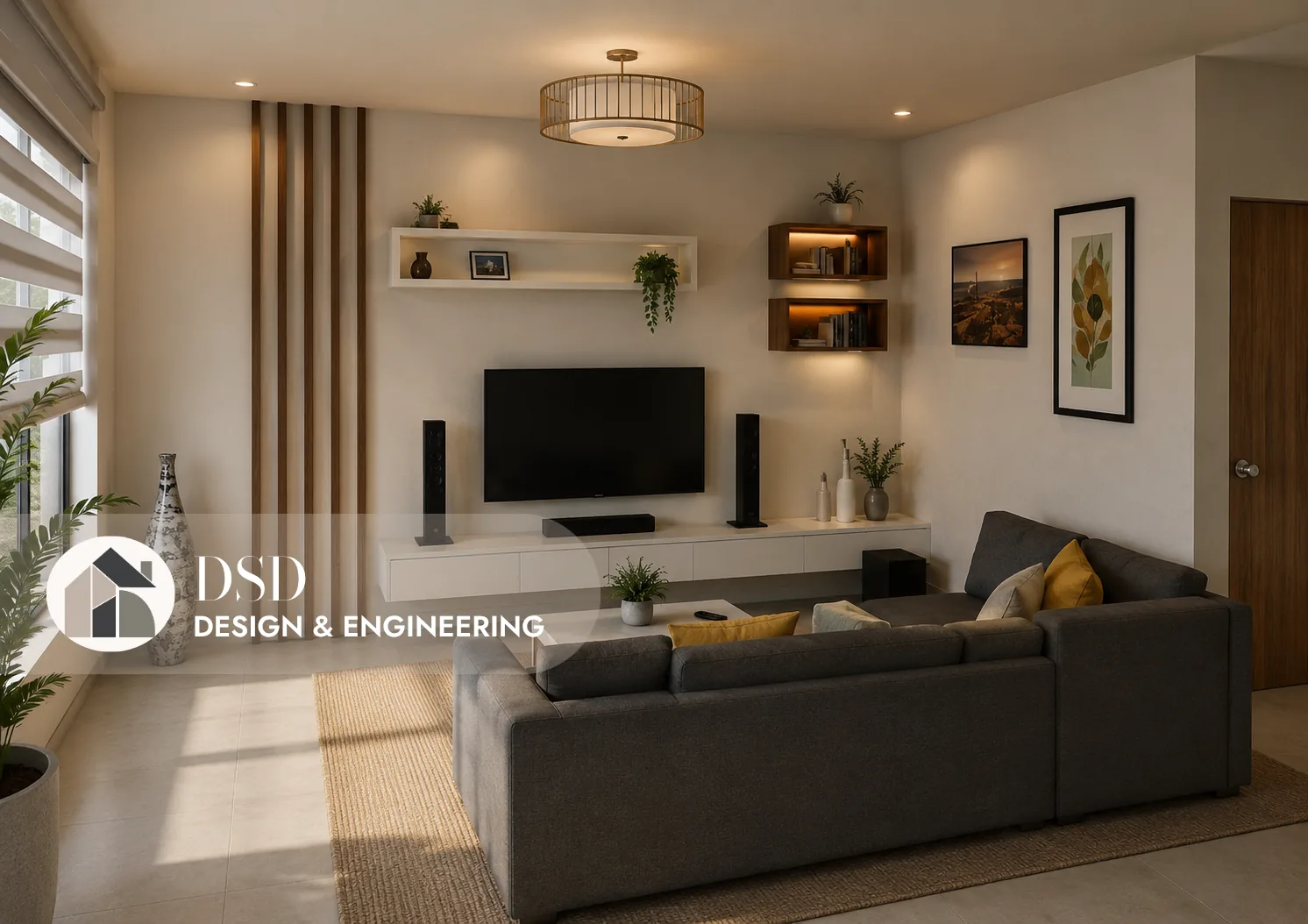 Modern media lounge with grey sectional, floating console and TV wall