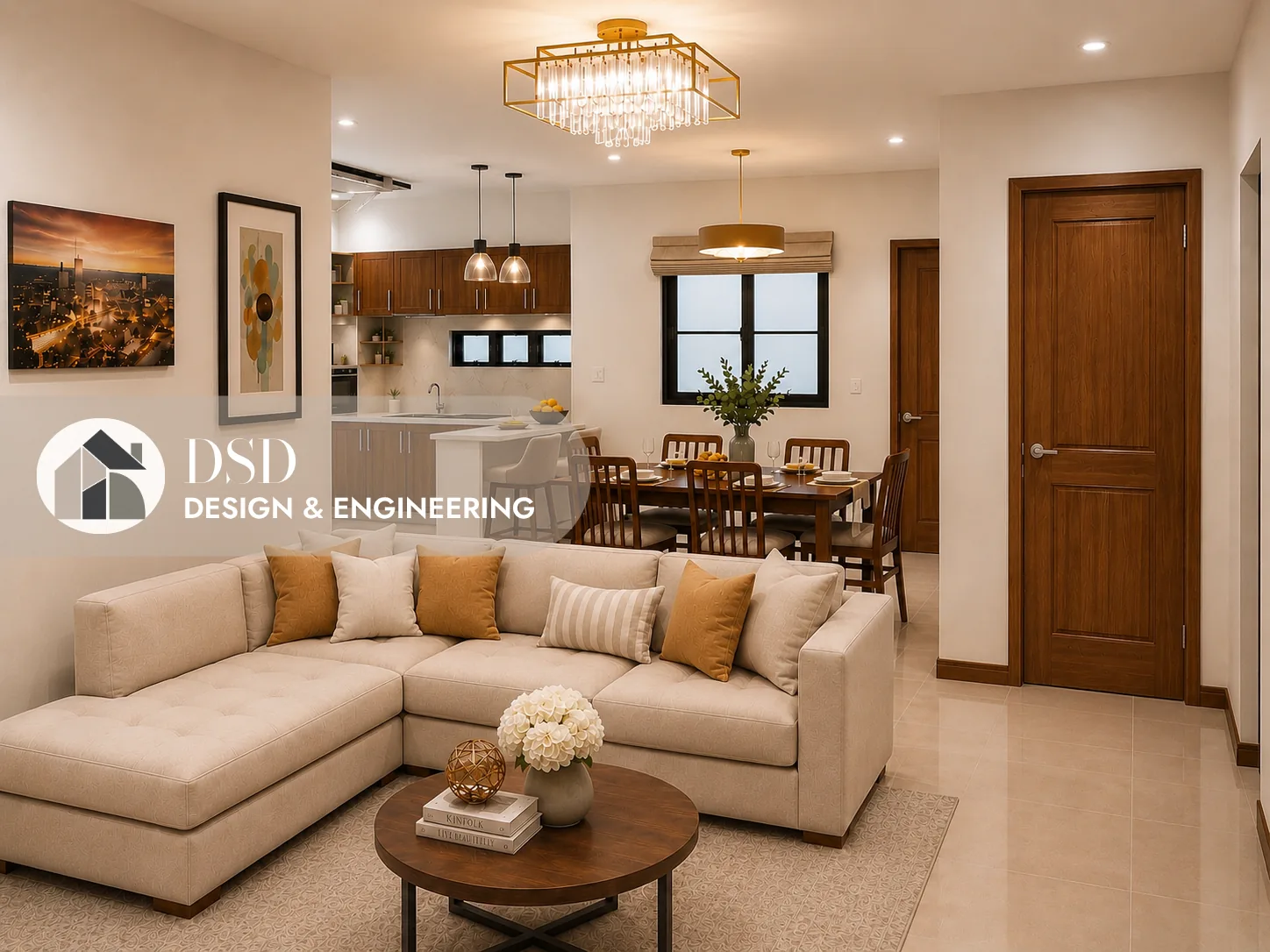 Warm open-plan living and dining area interior
